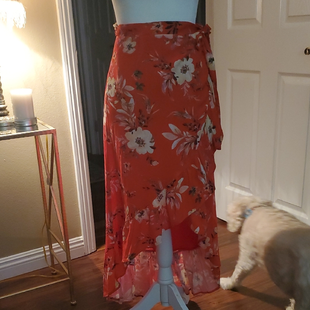 Lulu's Floral Wrap Midi Skirt in Orange and White